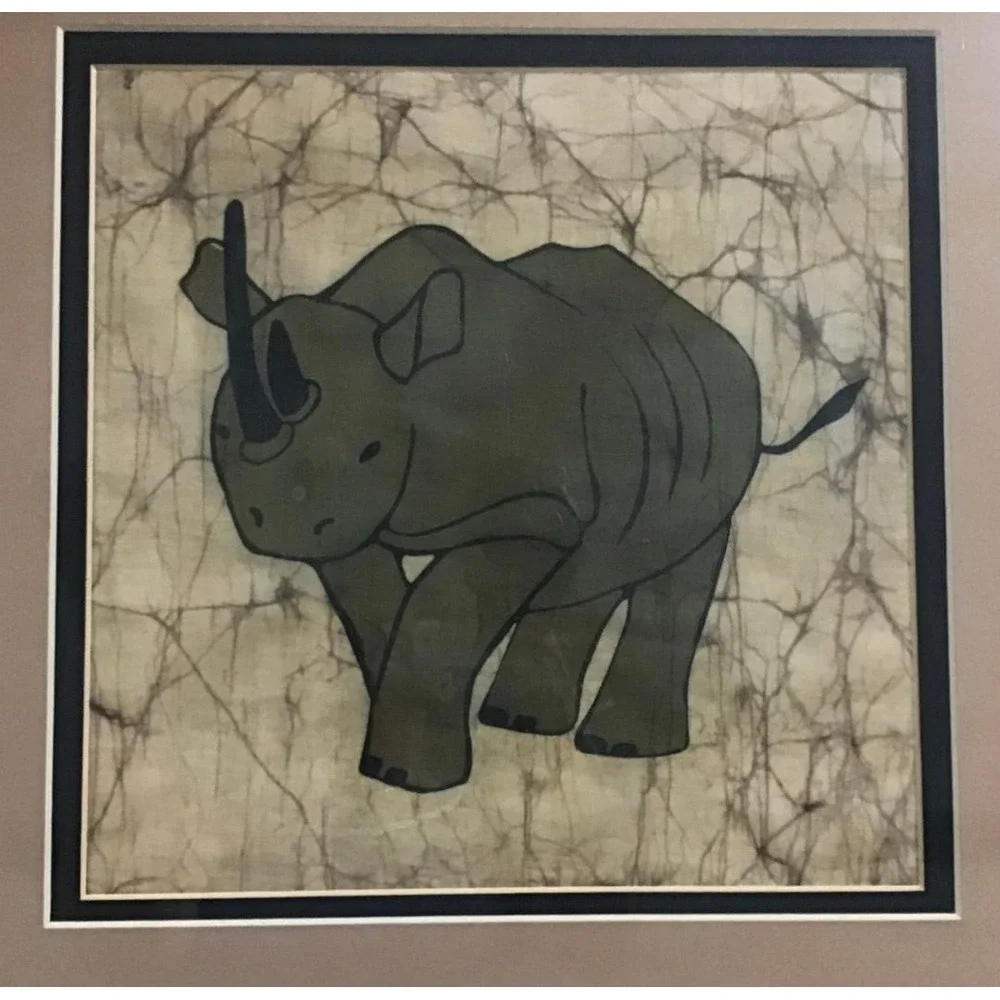 Vintage‎ African Rhino Batik Fabric Art Framed Textile Rhinoceros Tribal Decor